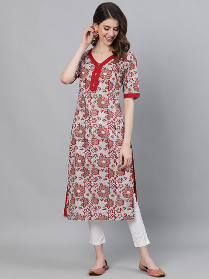 Women's White Floral Print Kurta
