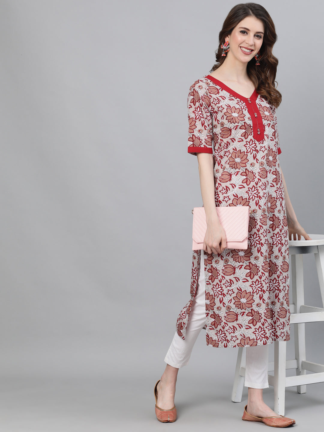 Women's White Floral Print Kurta