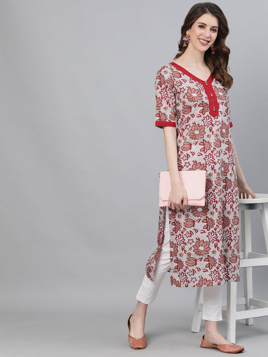 Women's White Floral Print Kurta