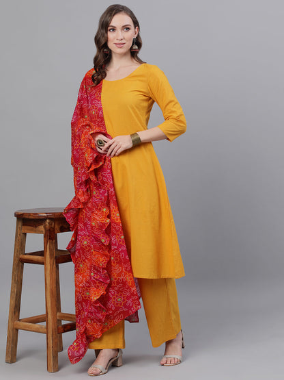 Women's Mustard Kurta Palazzo With Printed Dupatta