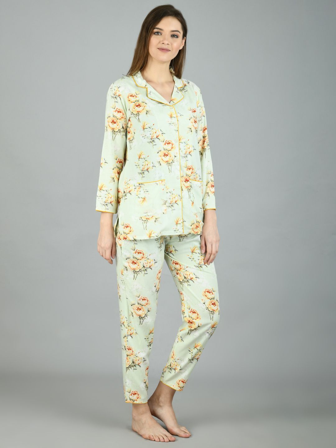 Women's Light Green Cotton Printed Full Sleeve Shirt Collar Casual Shirt Pyjama Set