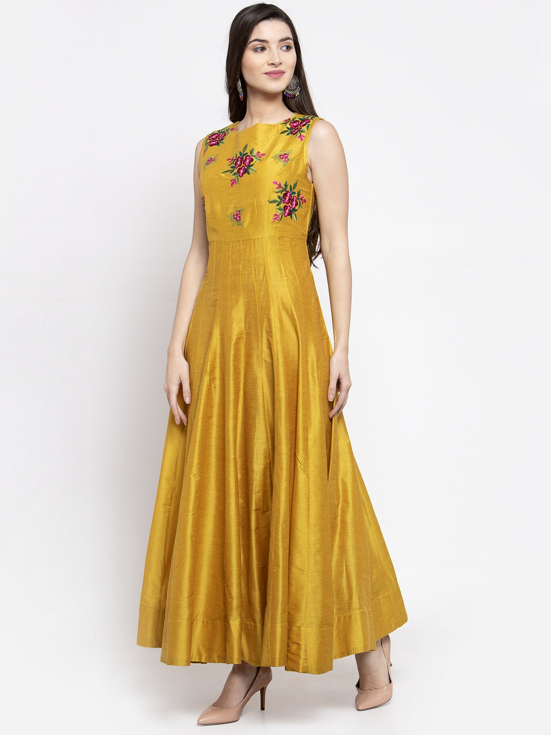 Women's Mustrad Yellow Foral Ethnic Maxi Dress