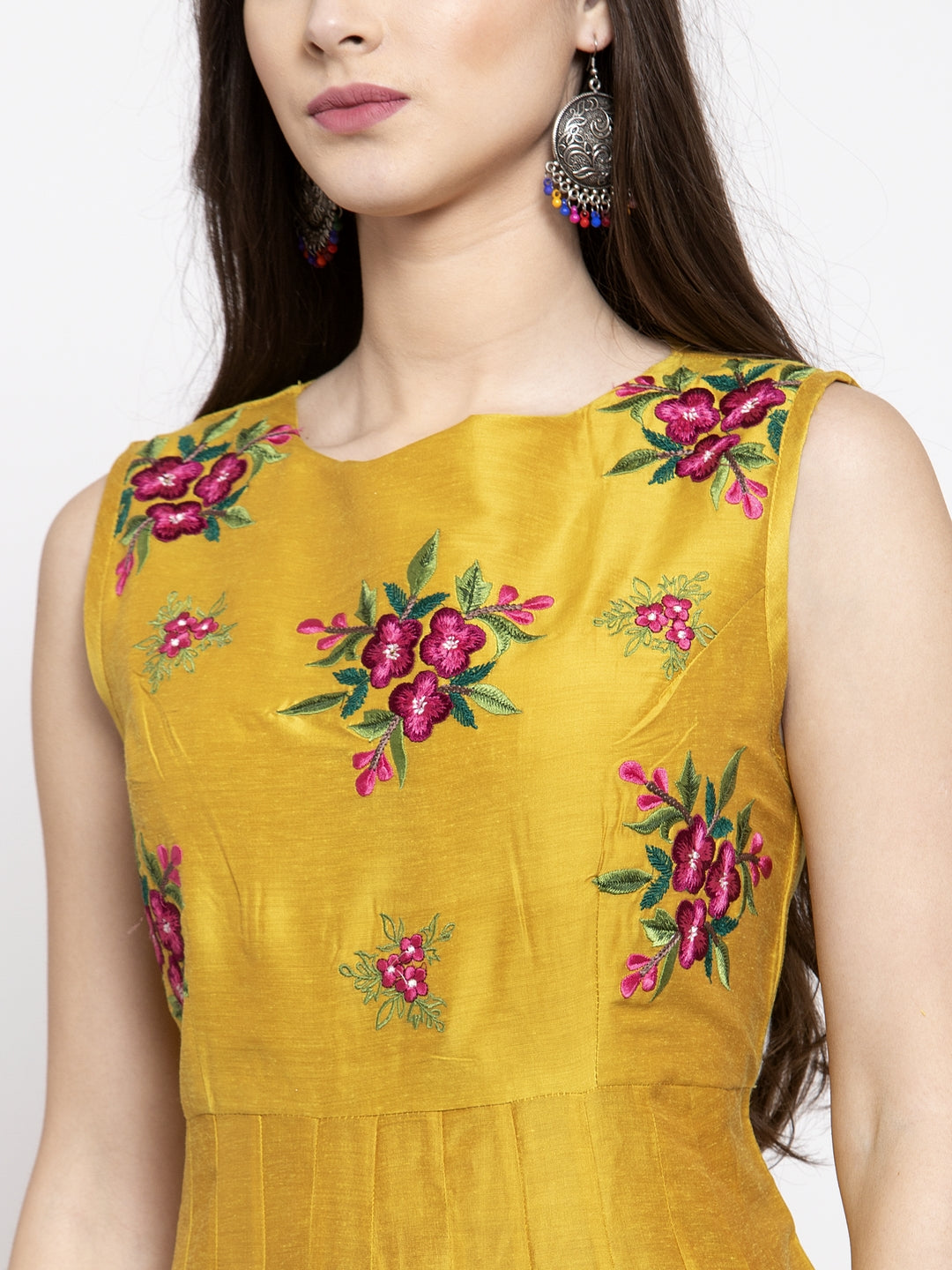 Women's Mustrad Yellow Foral Ethnic Maxi Dress