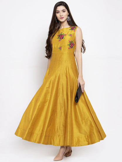 Women's Mustrad Yellow Foral Ethnic Maxi Dress