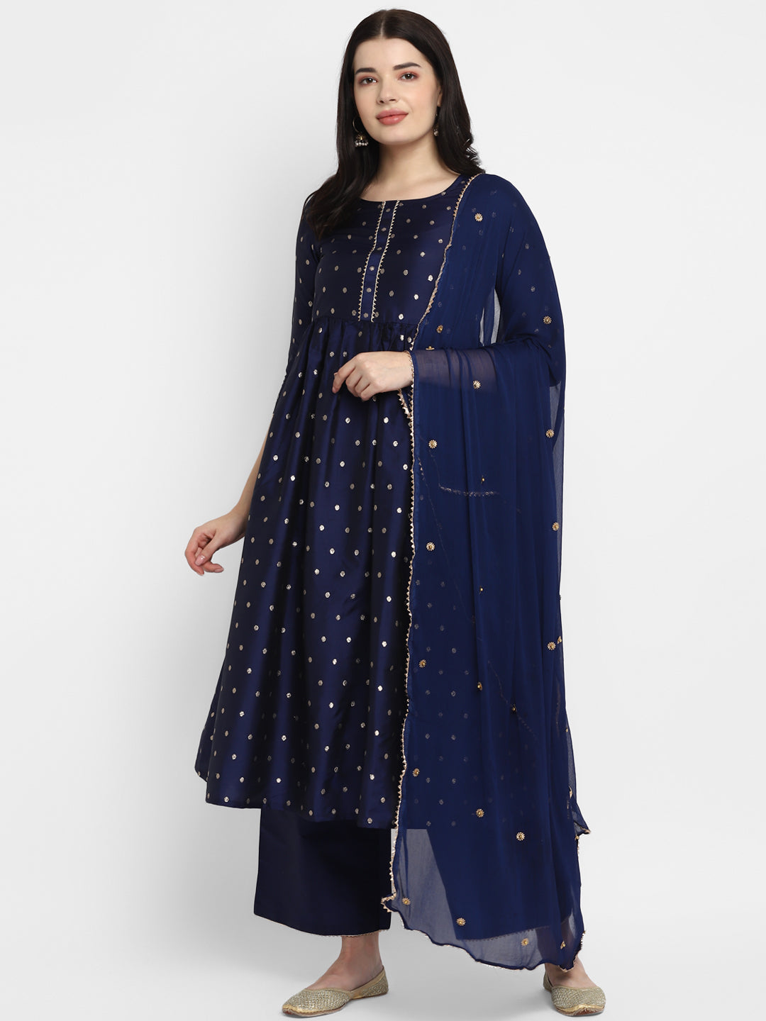 Women's Navy Blue Color Polyster blend self Design Kurta Pant With Dupatta