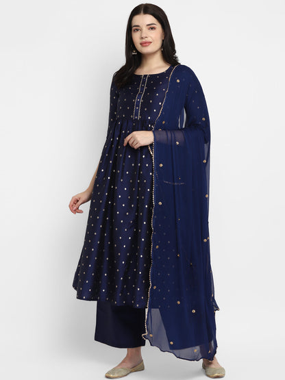 Women's Navy Blue Color Polyster blend self Design Kurta Pant With Dupatta