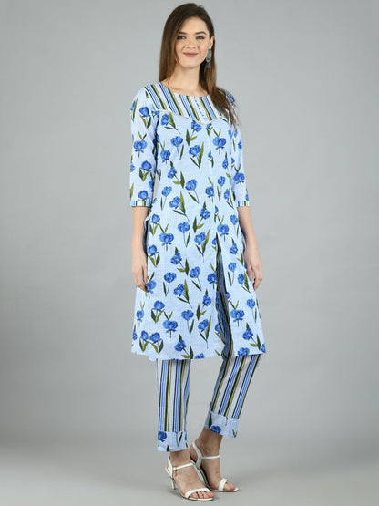 Women's Multi Cotton Printed 3/4 Sleeve Round Neck Casual Kurta Pant Set
