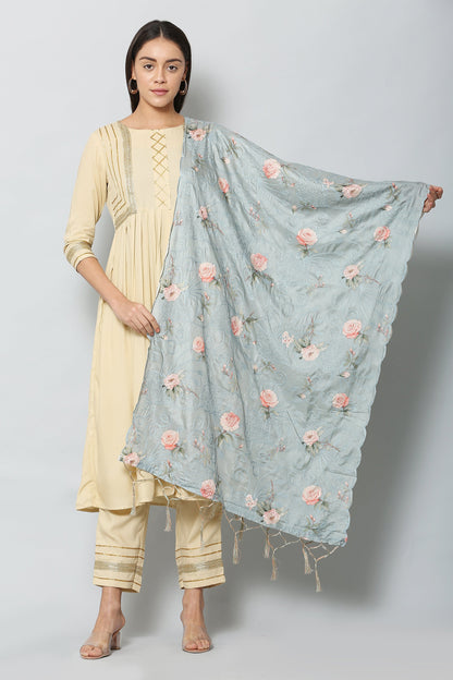 Women's Green Color Art Silk Embroidery and Digital Printed Dupatta