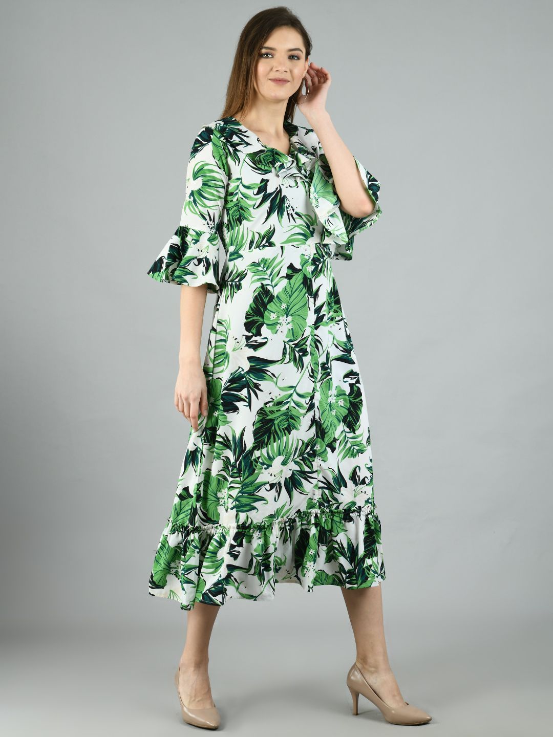 Women's Green Polyester Printed Half Sleeve V Neck Casual Dress