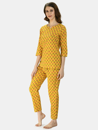 Women's Turmeric Yellow Cotton Printed Half Sleeve V Neck Casual Night Suit