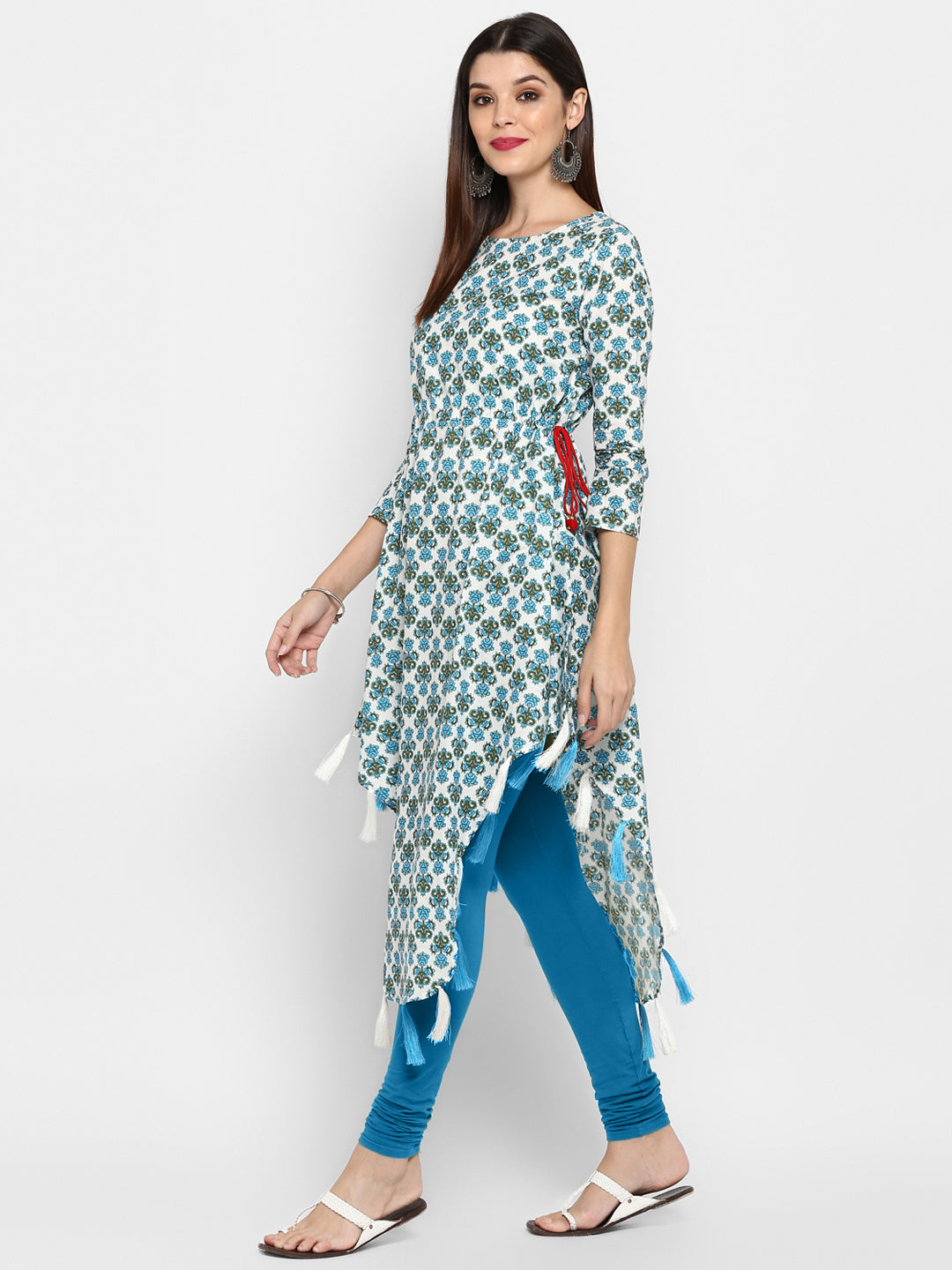 Women's Sky Blue & White Cotton Asymmetric Kurta By Vbuyz- (
