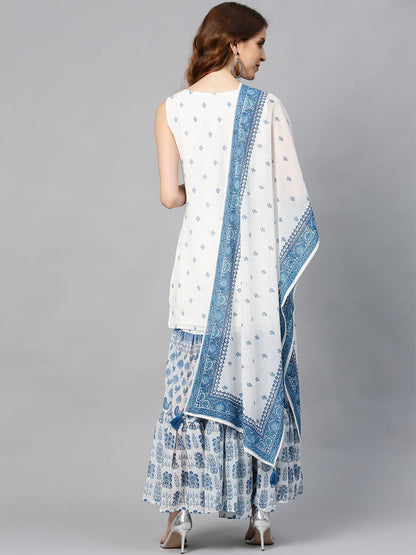 Women's Georgette Printed Straight Kurta Sharara Dupatta Set