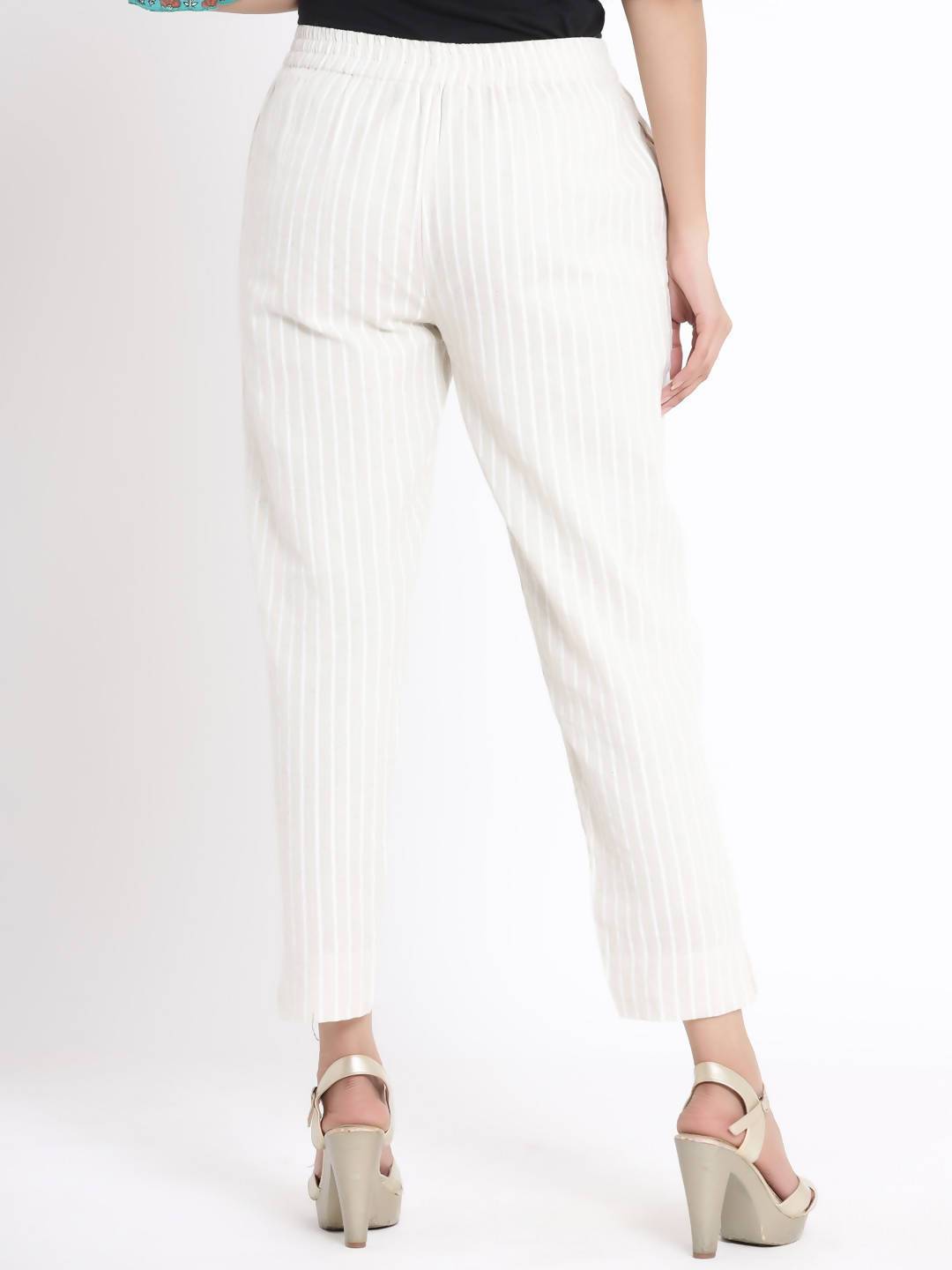 Women's Natural Cotton Flex Striped Straight Pant With Scrunchie