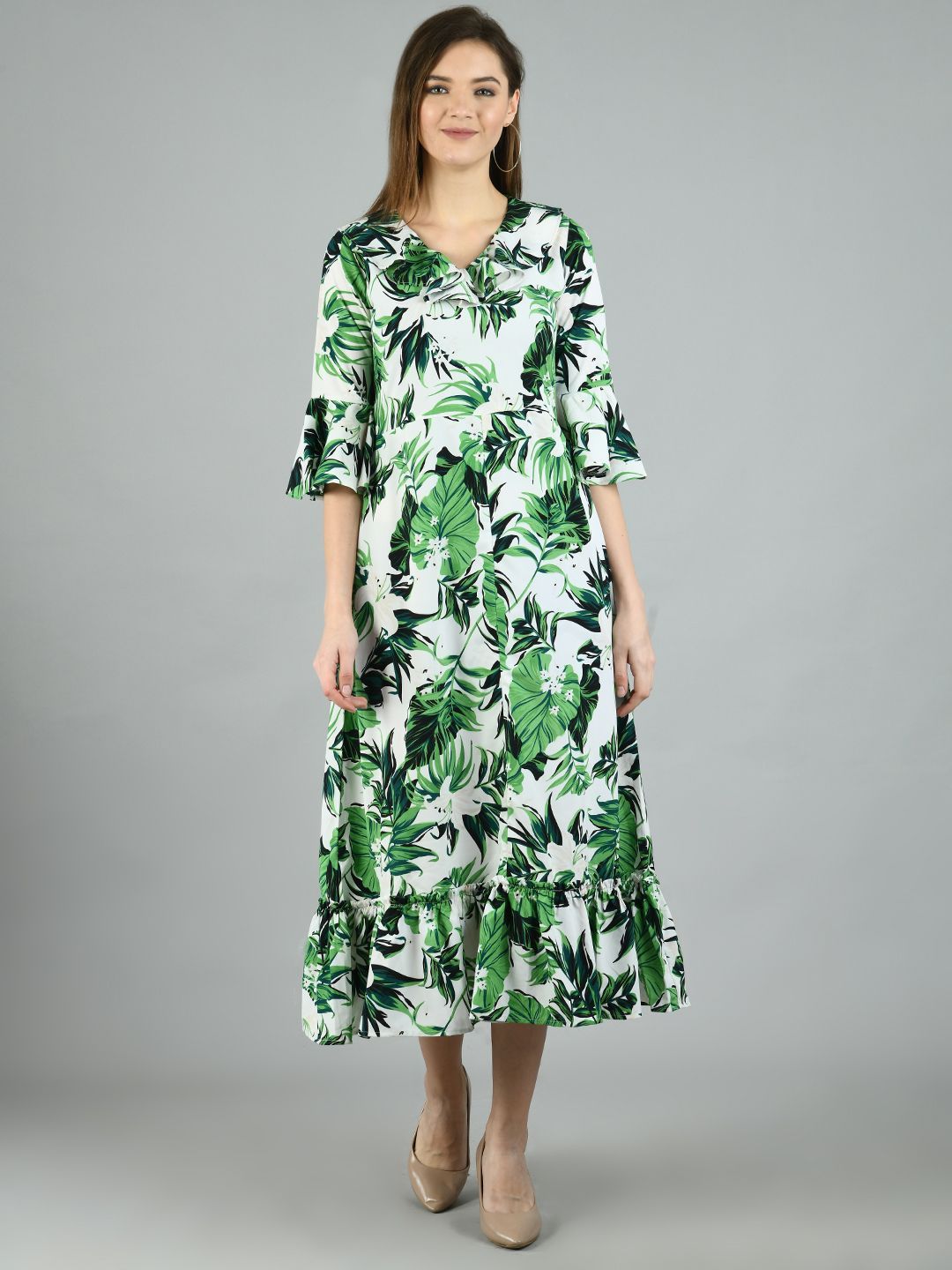 Women's Green Polyester Printed Half Sleeve V Neck Casual Dress