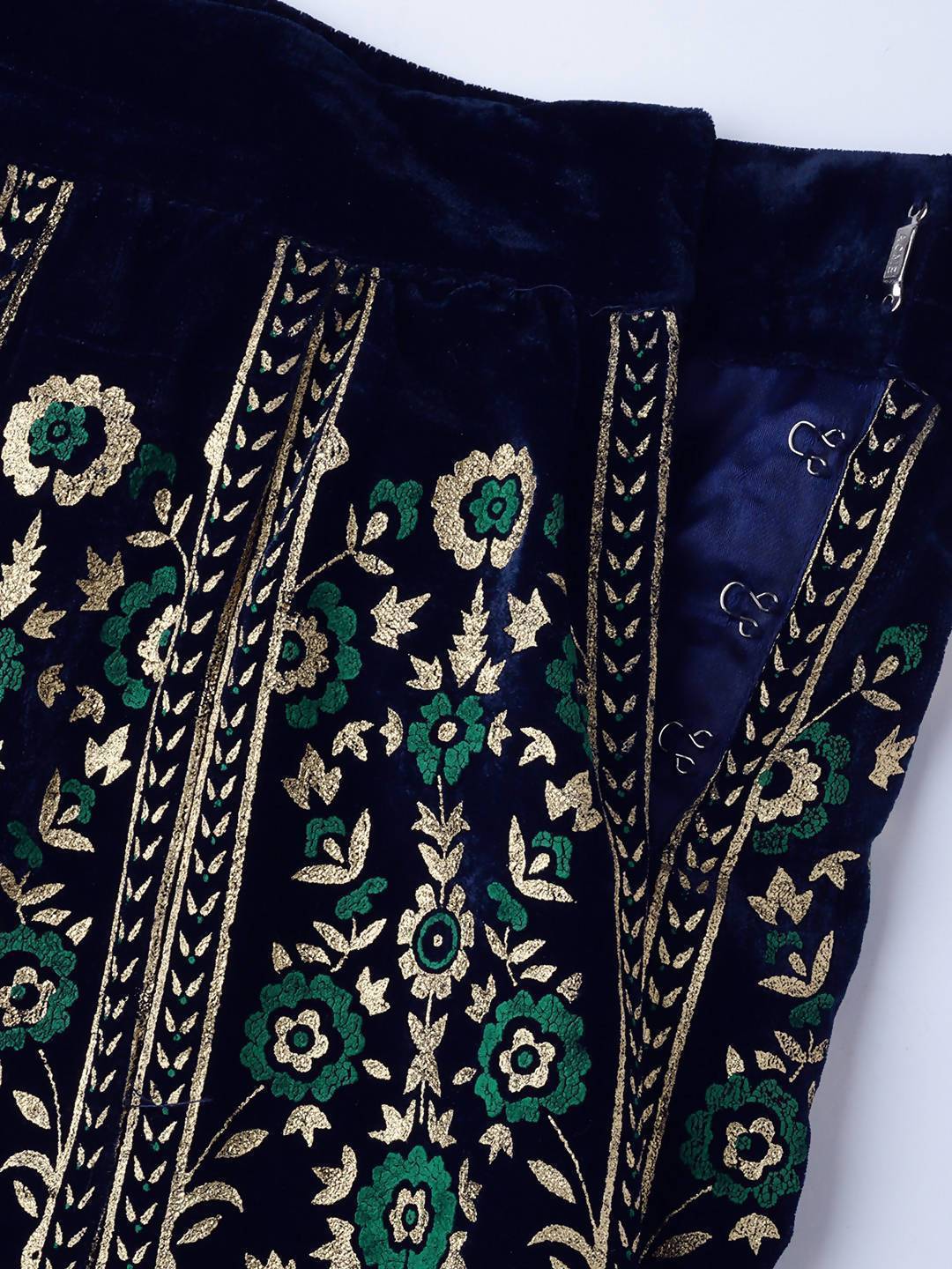 Women's Navy Velvet Foil Print Kalidar Skirt
