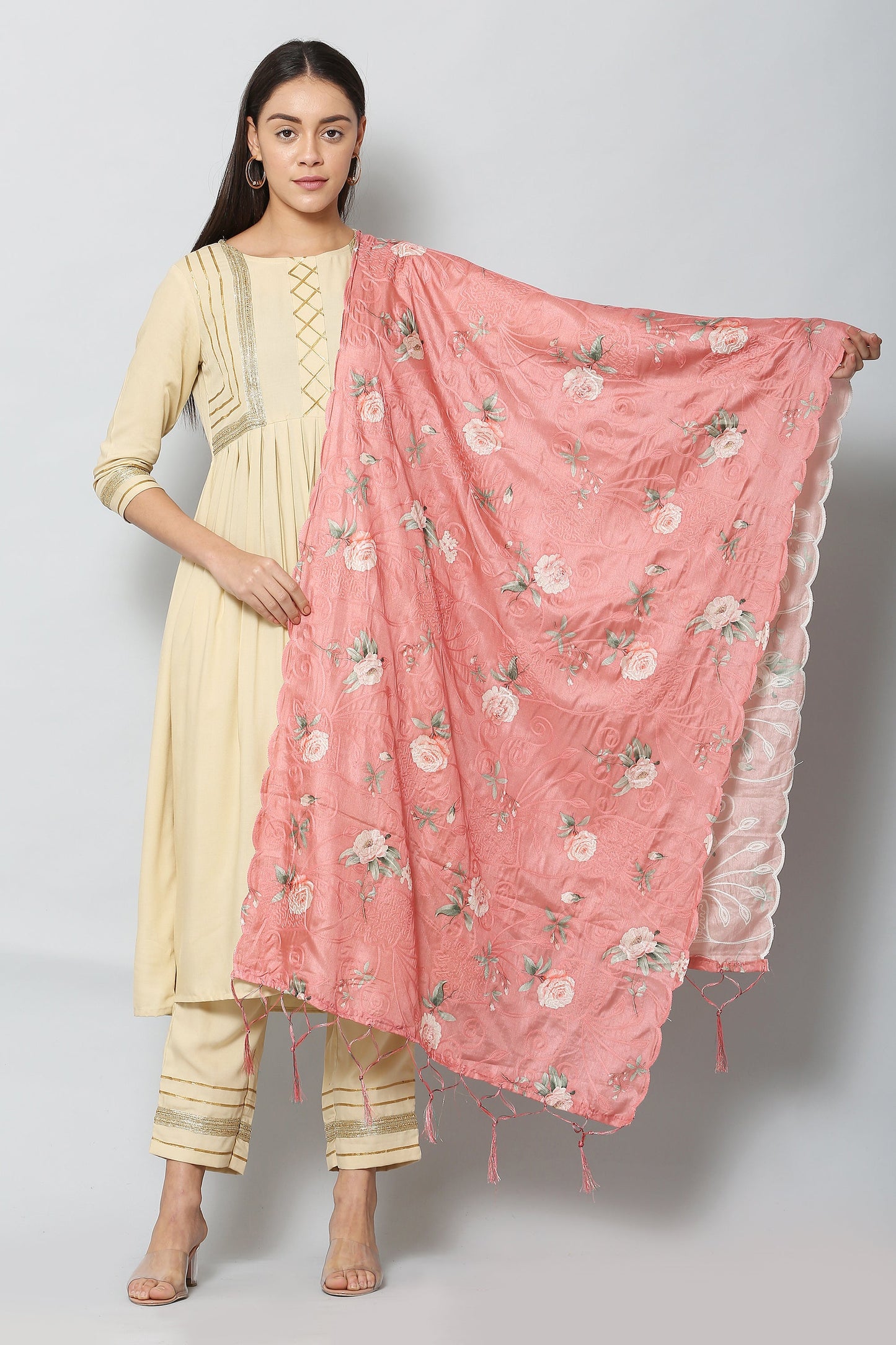 Women's Onion Color Art Silk Embroidery and Digital Printed Dupatta
