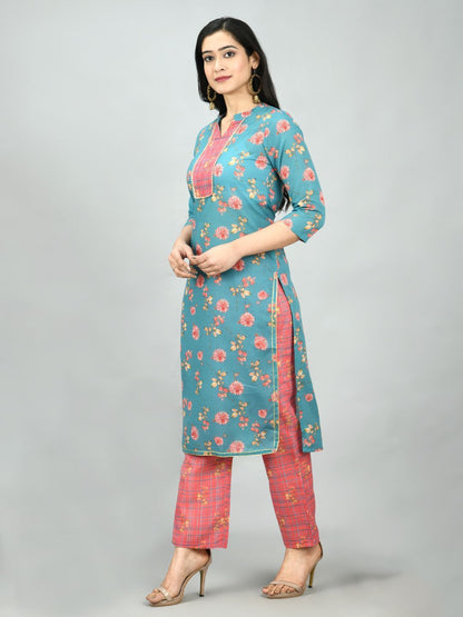 Women's Multi Poly Cotton Printed 3/4 Sleeve Mandarin Neck Casual Kurta Pant Set