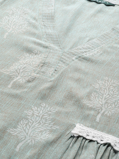 Women's Green Color Rayon Blend Printed Kurta Palazzo With Dupatta
