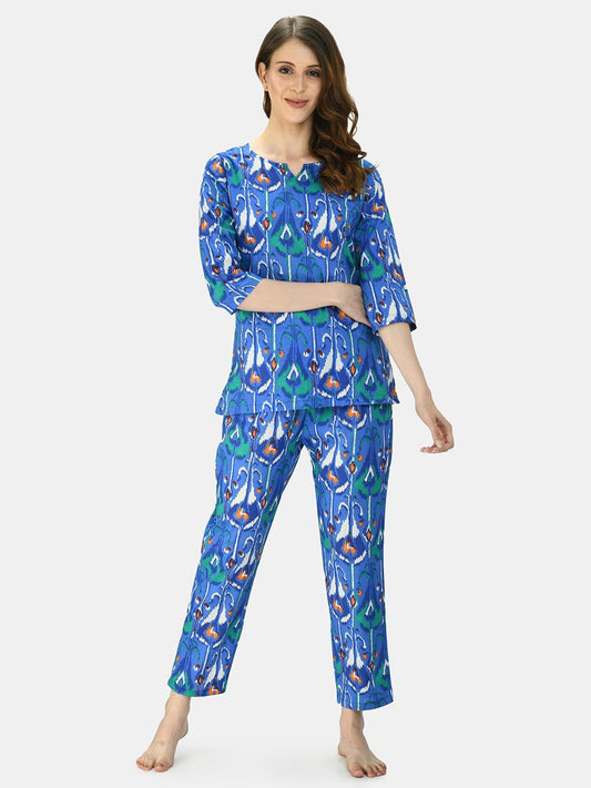Women's Blue Cotton Printed Half Sleeve V Neck Casual Night Suit