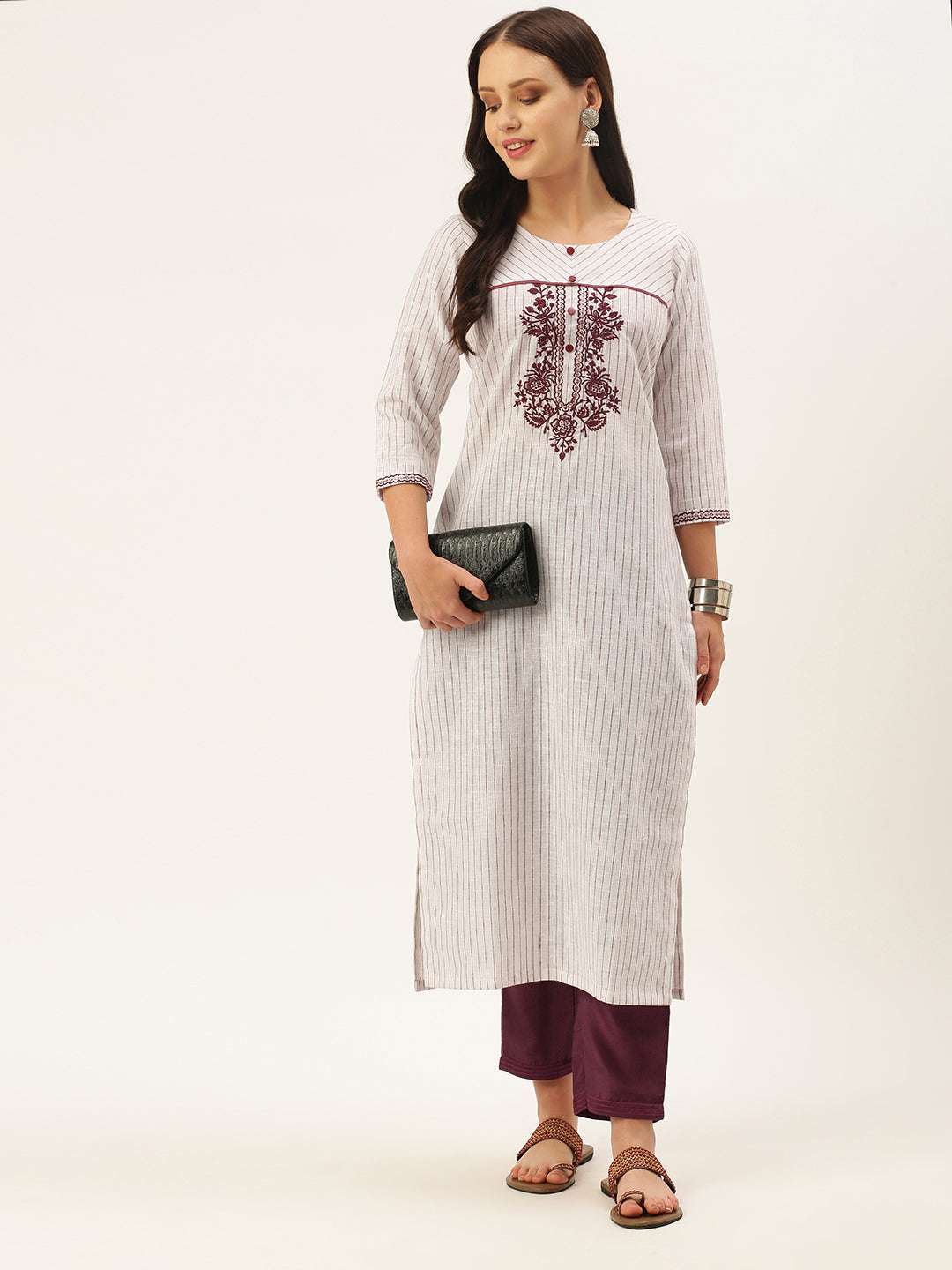 Women's White Color Cotton Blend Checked Striped Embroidered Kurta Pant Set