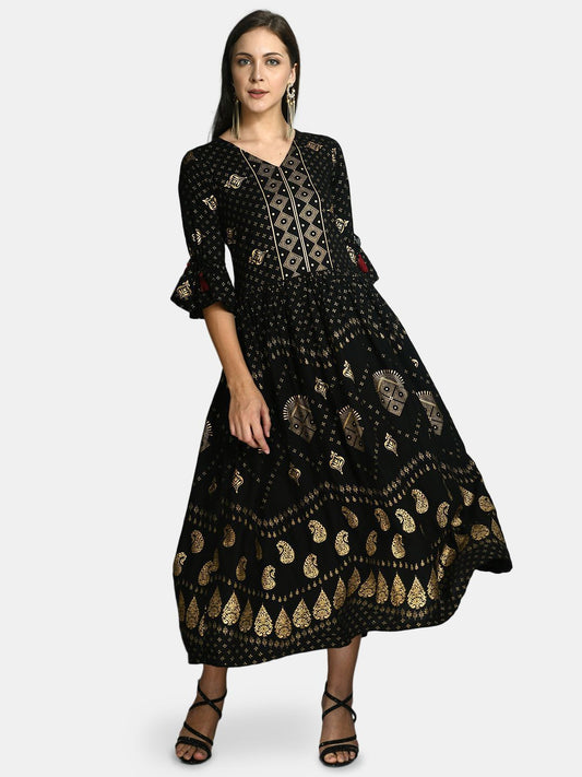 Women's Black Rayon Printed 3/4 Sleeve V Neck Casual Dress