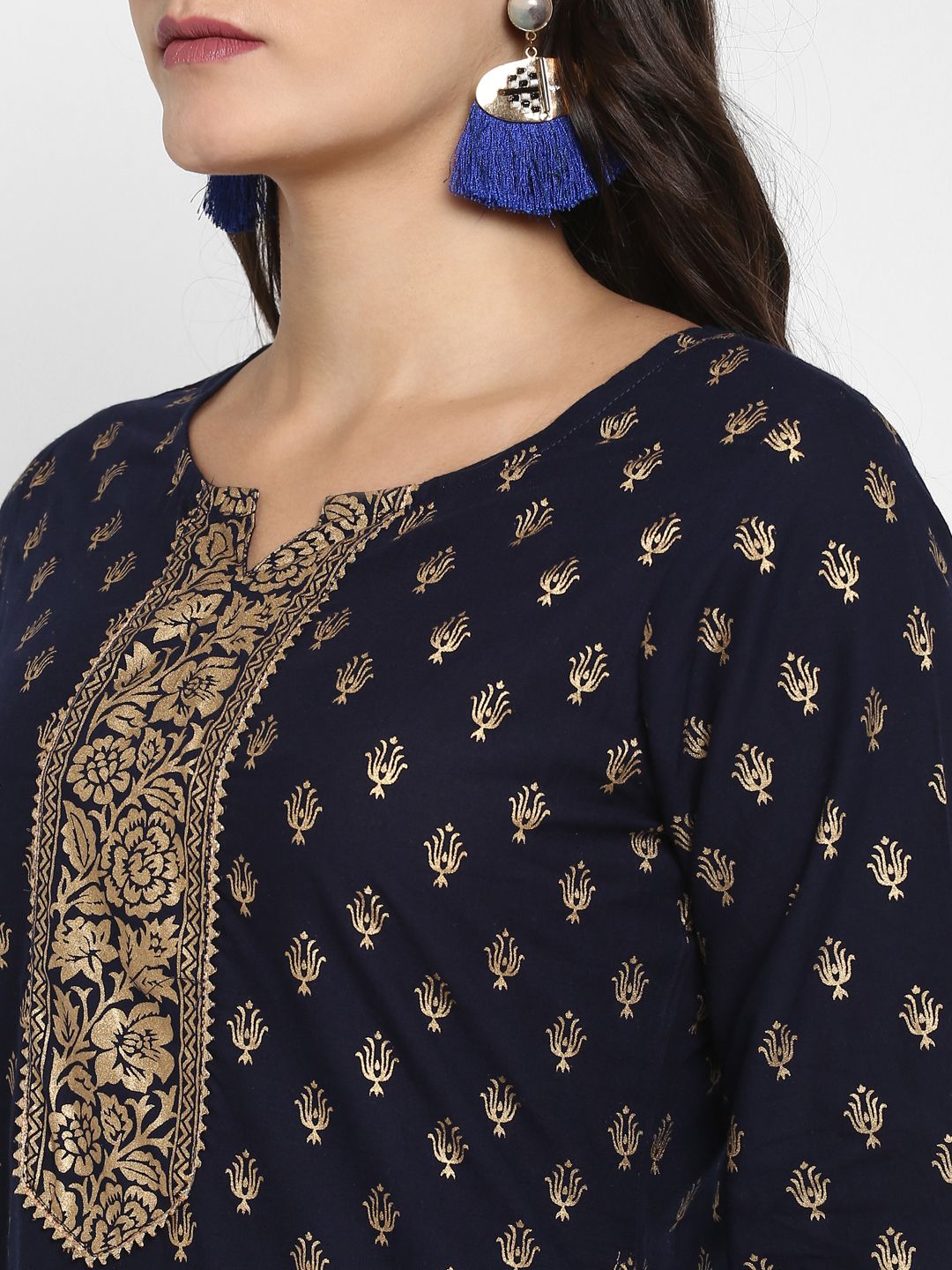 Women's Foil Print Straight Cotton Navy Blue Kurta (1Pc)