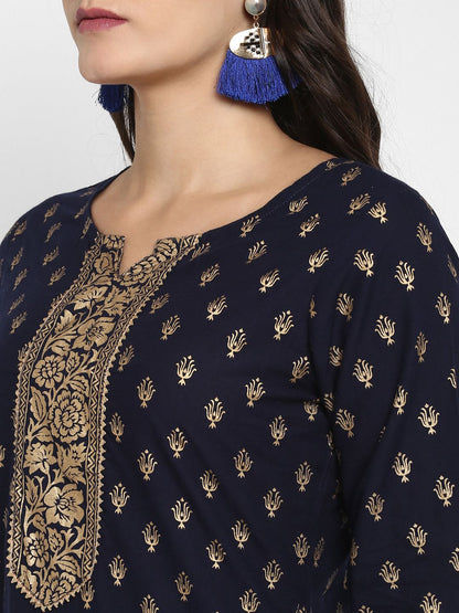 Women's Foil Print Straight Cotton Navy Blue Kurta (1Pc)