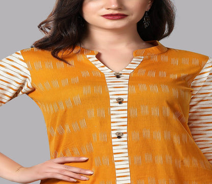 Women's Yellow Color Cotton Blend Straight Printed Kurta Pant Set With Dupatta