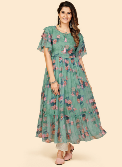 Women's Printed Anarkali Georgette Aqua Green Stitched Kurta (1Pc)