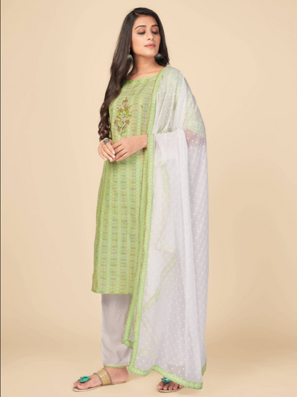 Women's Printed & Hand Work Straight Cotton Parrot Green Kurta Pant With Dupatta (3Pcs Set)