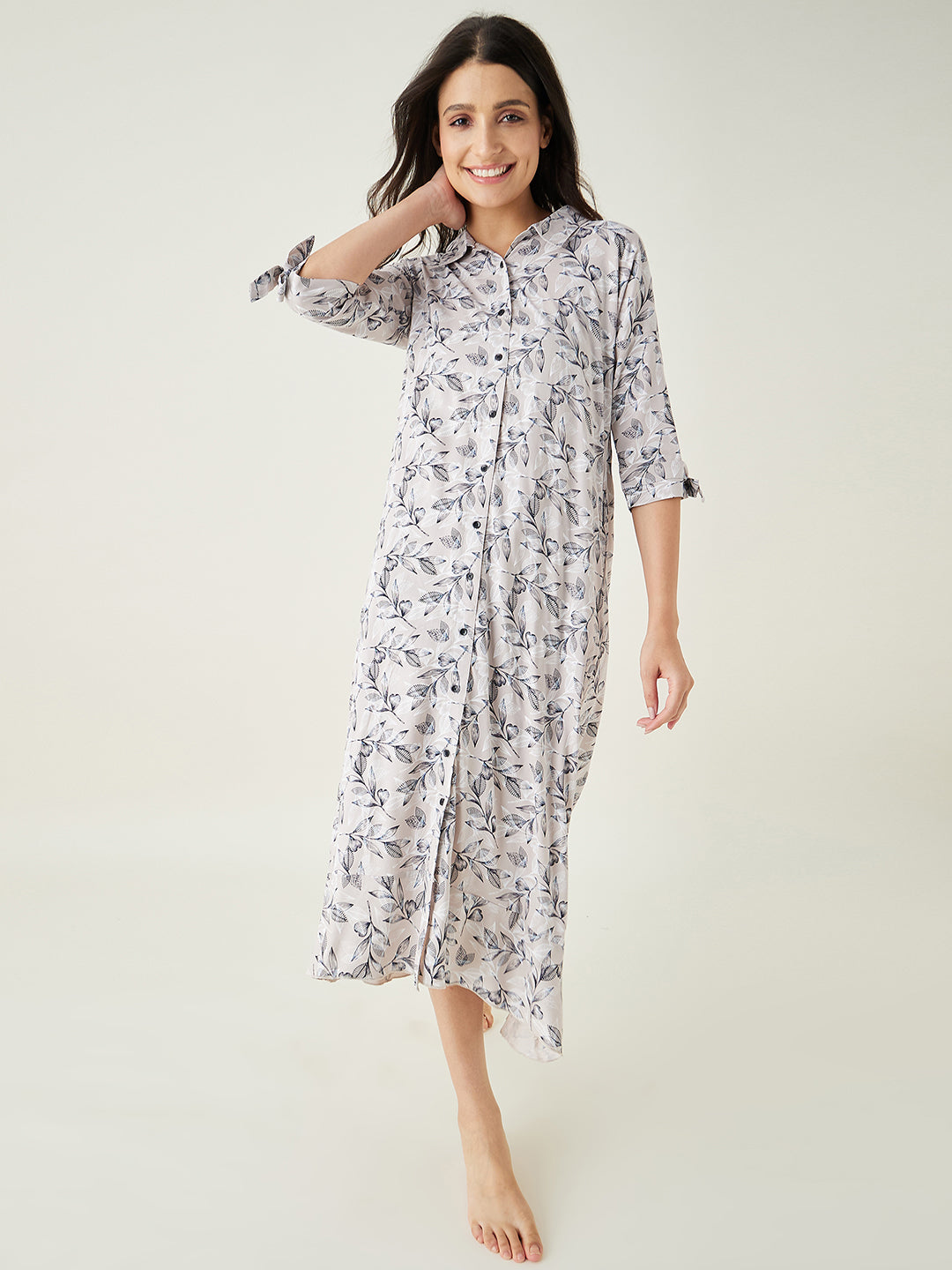 Women's Beige leaf printed LoungeDress
