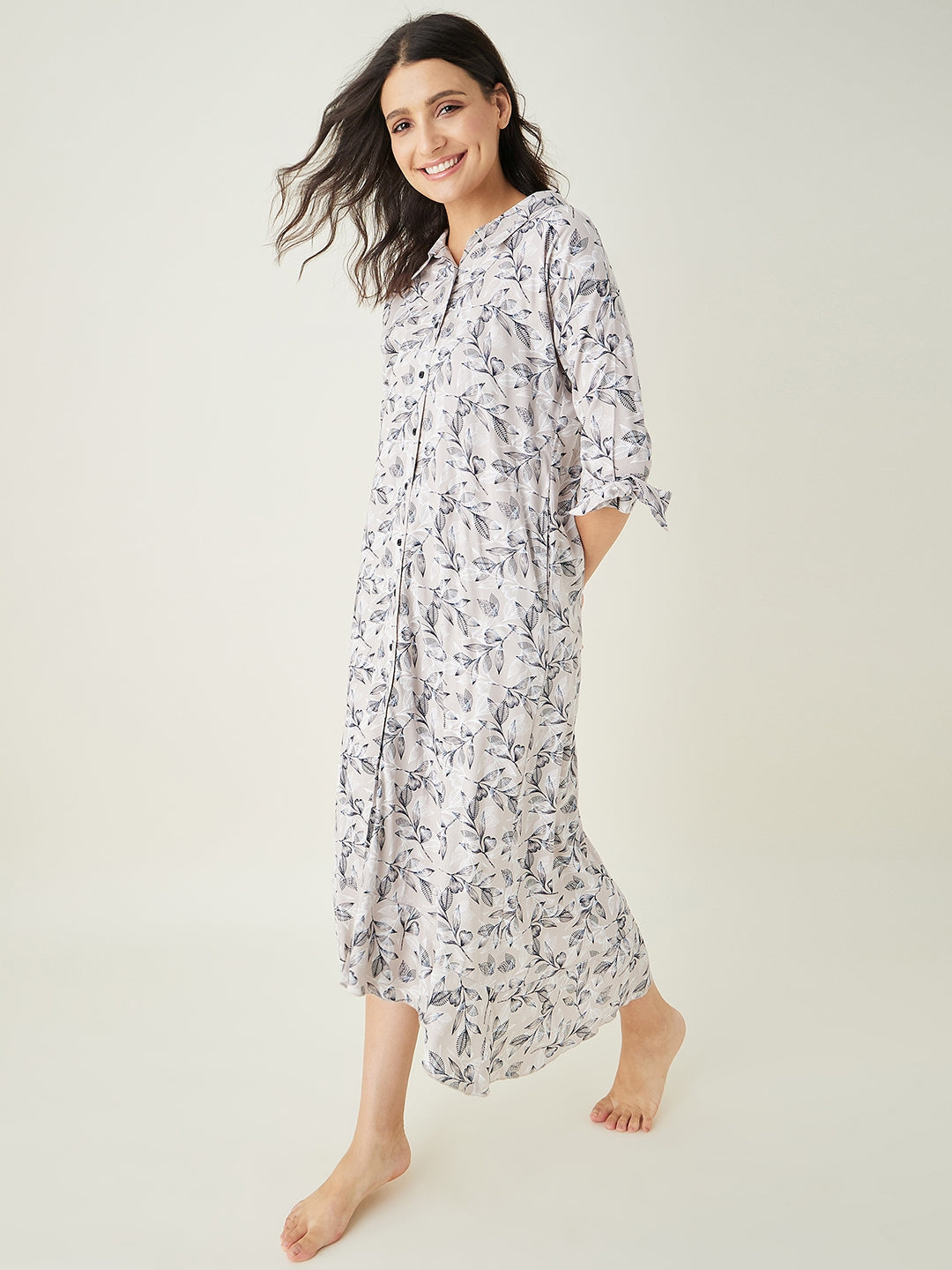 Women's Beige leaf printed LoungeDress