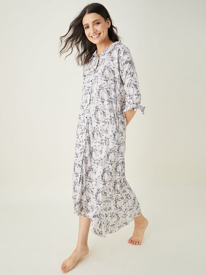 Women's Beige leaf printed LoungeDress