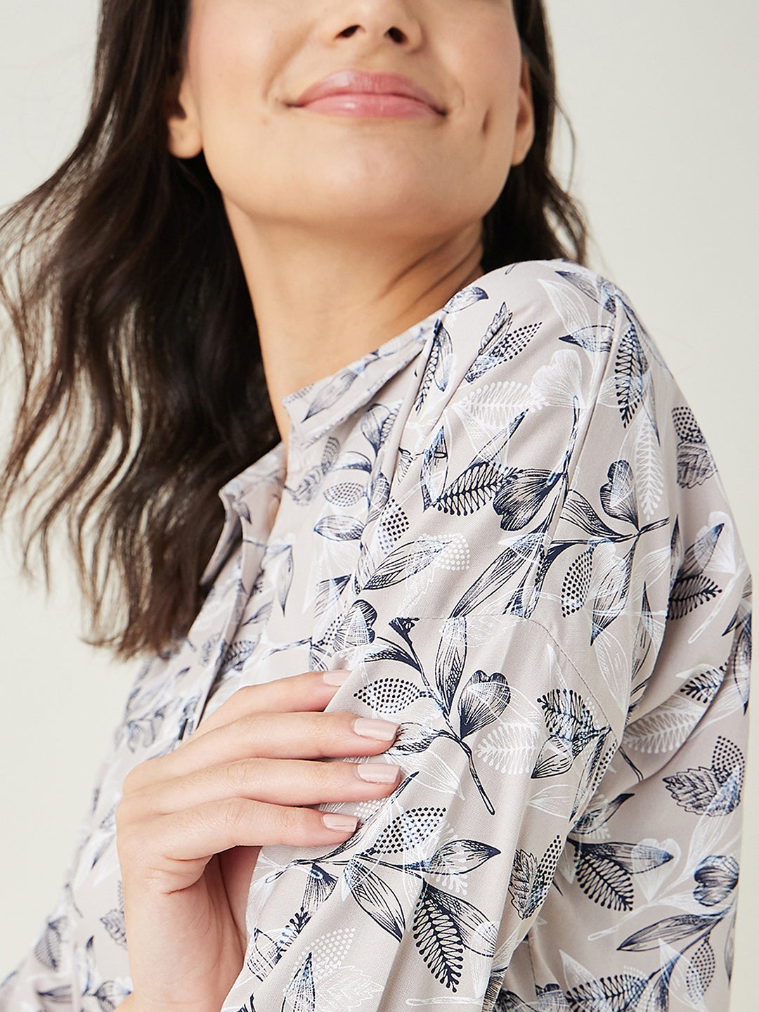 Women's Beige leaf printed LoungeDress