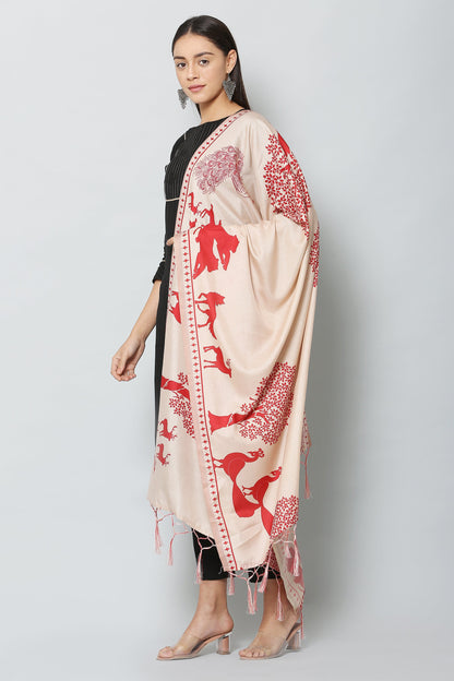Women's Red & Cream Color Art Silk Digital Printed Dupatta