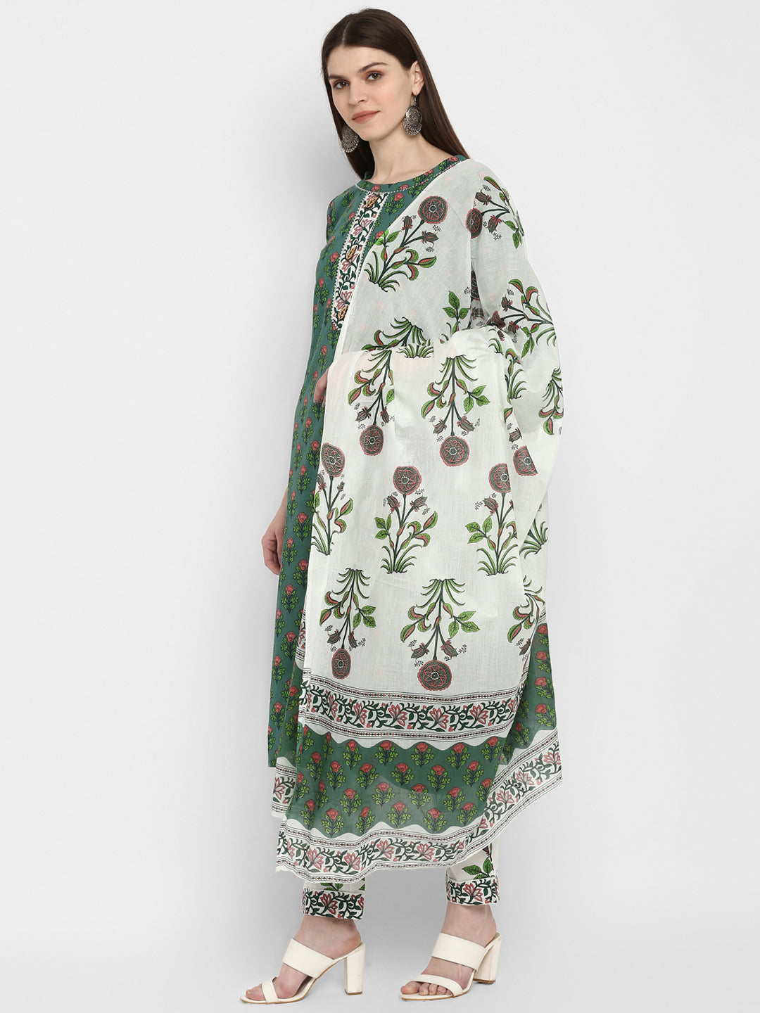 Women's Block Print Green Kurta & Pant With Dupatta Set By Vbuyz- (3