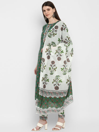 Women's Block Print Green Kurta & Pant With Dupatta Set By Vbuyz- (3