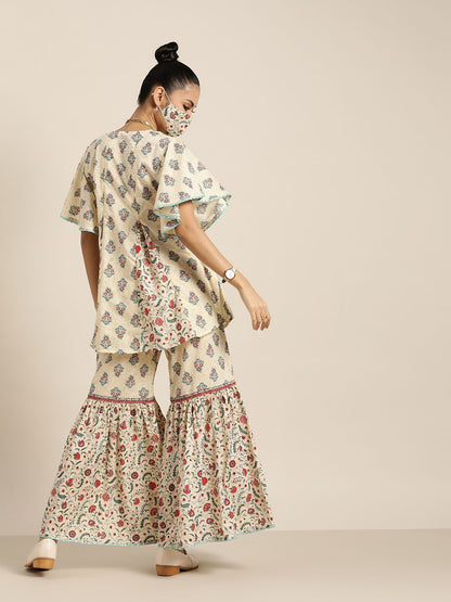Women's Floral Print Tunic Sharara Set With Mask