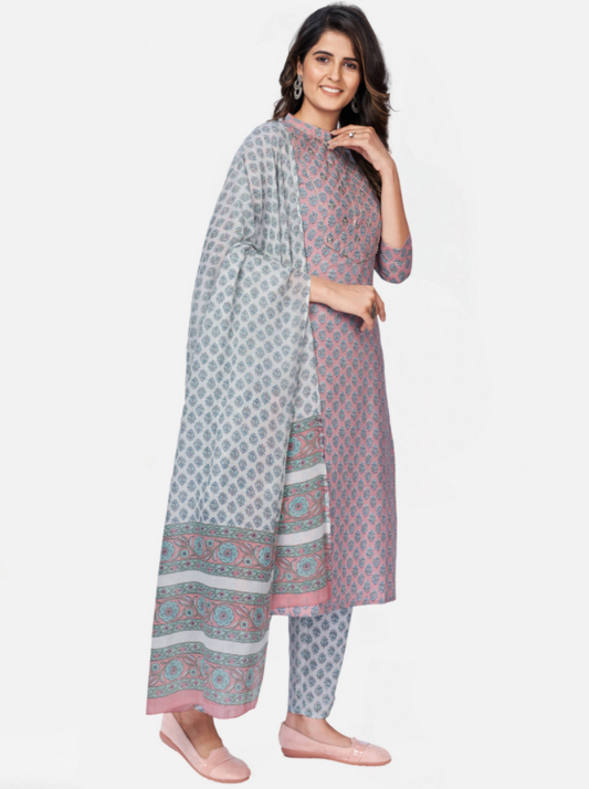 Women's Light Pink Cotton Kurta With Pant & Dupatta By Vbuyz (3