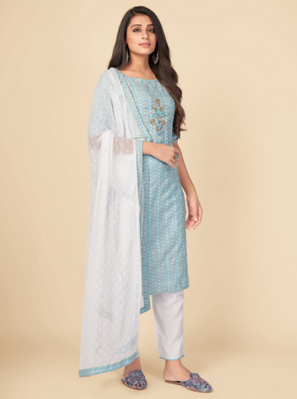 Women's Printed & Hand Work Straight Cotton Sky Blue Kurta Pant With Dupatta (3Pcs Set)