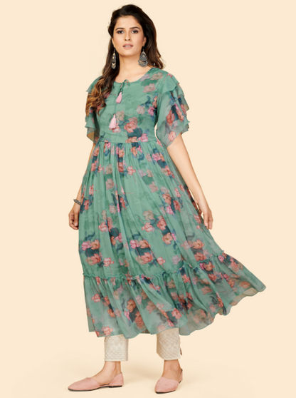 Women's Printed Anarkali Georgette Aqua Green Stitched Kurta (1Pc)