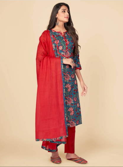 Women's Printed & Gota Patti Work Straight Cotton Blue Kurta Pant With Dupatta (3Pcs Set)