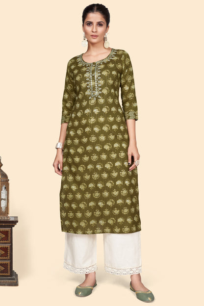 Women's Print & Embroidered Straight Cotton Mahendi Green Stitched Kurta