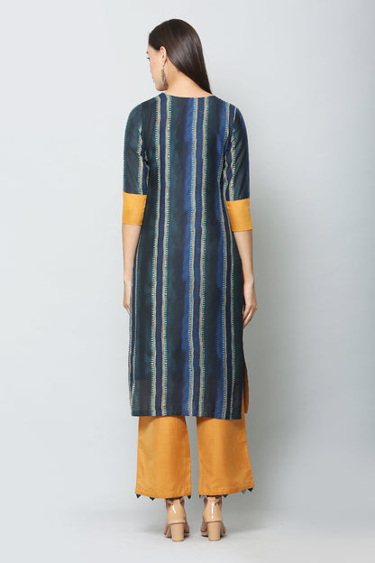 Women's Blue Color Muslin Straight Printed Kurta Pant Set
