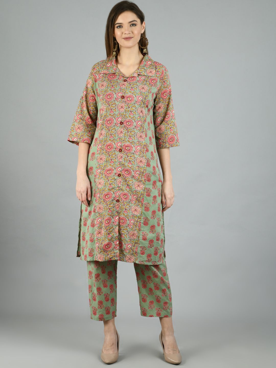 Women's Multi Cotton Printed 3/4 Sleeve Shirt Coller Casual Kurta Pant Set
