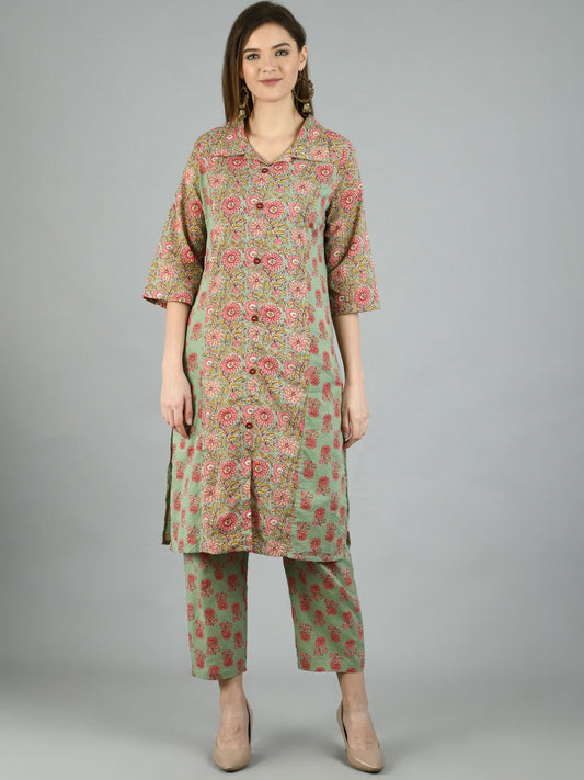 Women's Multi Cotton Printed 3/4 Sleeve Shirt Coller Casual Kurta Pant Set