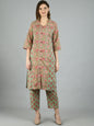 Women's Multi Cotton Printed 3/4 Sleeve Shirt Coller Casual Kurta Pant Set