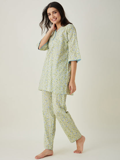 Women's Green Floral Printed Cotton Coord set