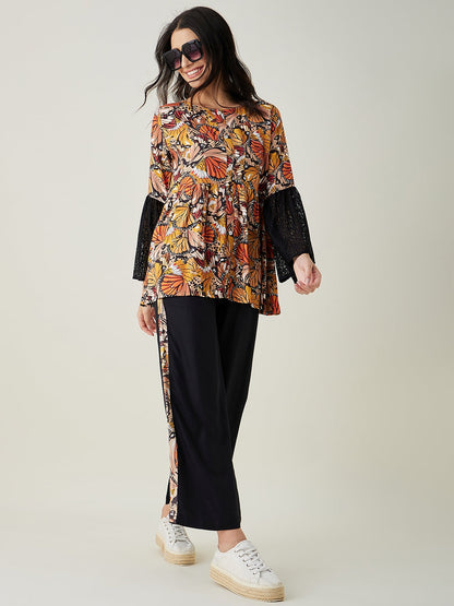 Women's Black Flutter Printed Pajama Set