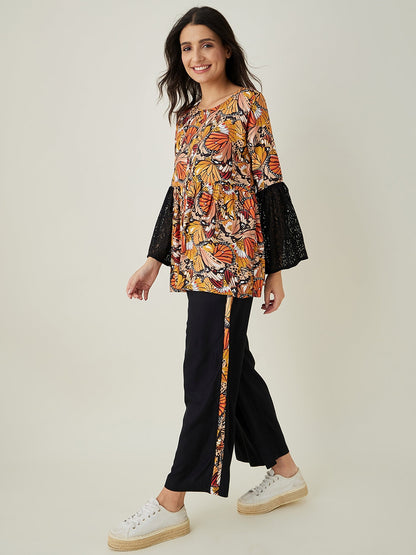 Women's Black Flutter Printed Pajama Set